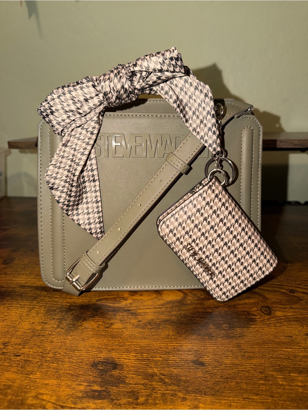 Steve Madden Olive Crossbody Bag with Houndstooth Scarf and Card Case